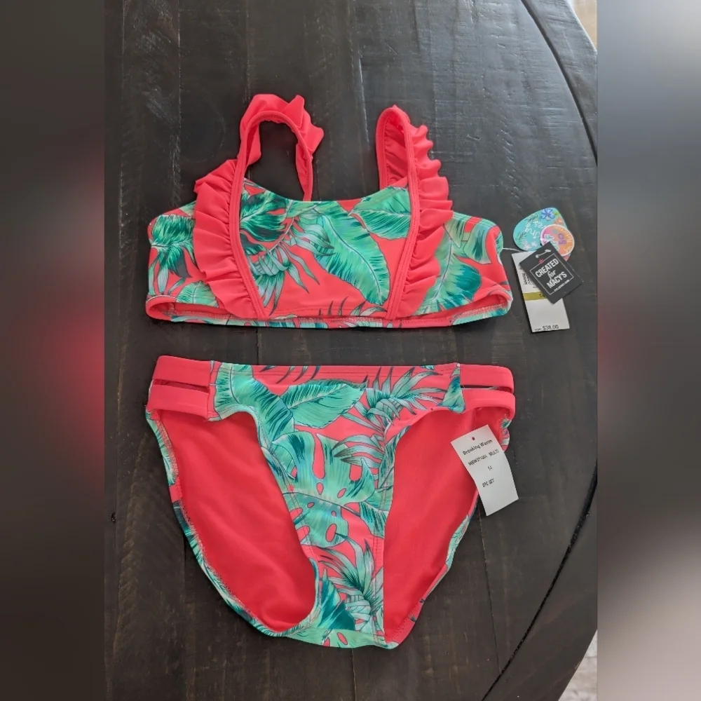 Macy's Coral and Green Ruffle Tropical Two-Piece Swim Set